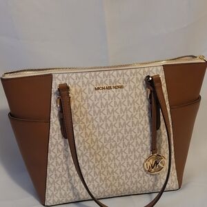 Michael Kors Charlotte Large Logo and Leather Top-Zip Tote Bag